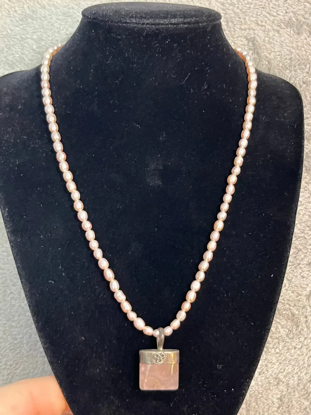 Sterling Silver 925 Rose Quartz Pendant Necklace Pink Freshwater Pearls Artisan